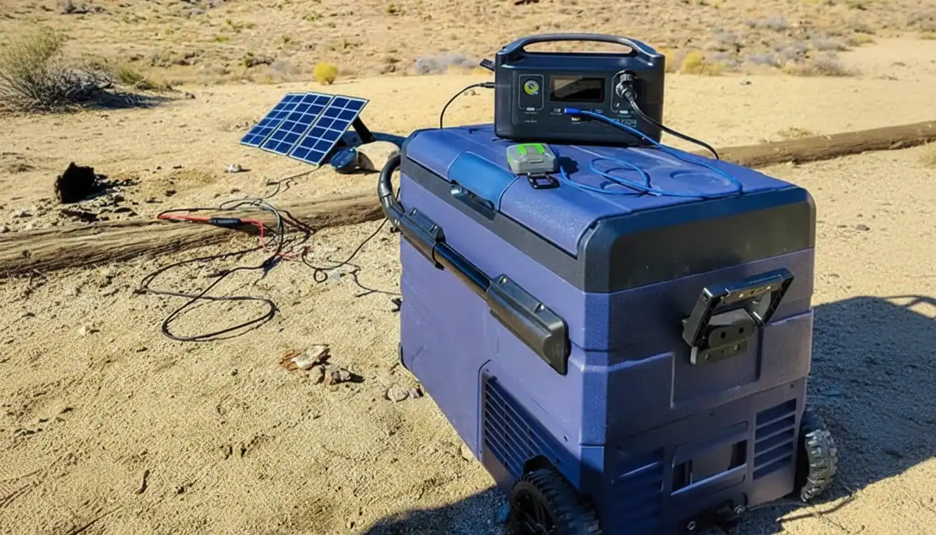 A solar-powered cooler with a solar panel and power station set up on sandy desert terrain.
