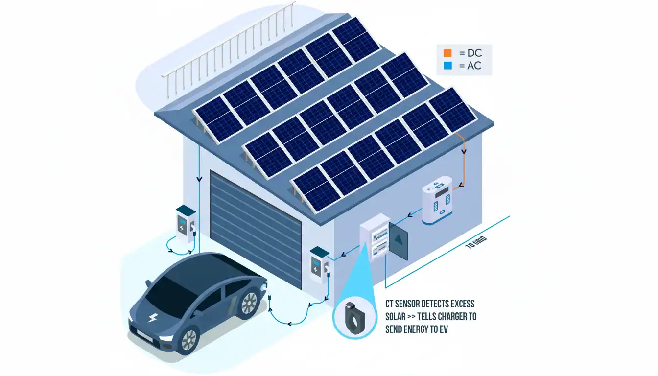 Illustration of a garage with solar panels on the roof, an electric vehicle being charged, and a sensor system managing energy flow.