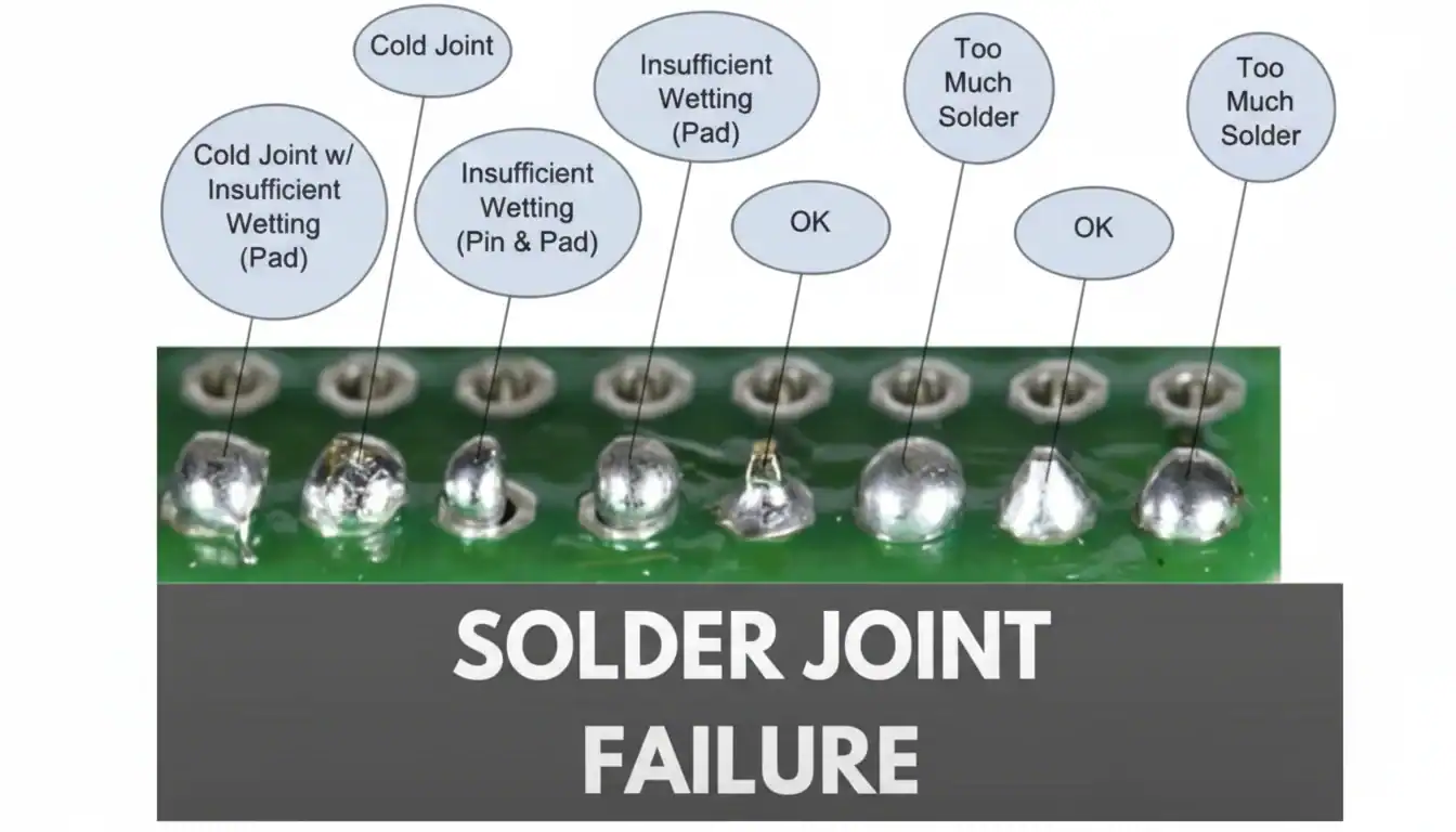 콜드 조인트, 불충분한 습윤, 너무 많은 납땜 등 회로 기판에 표시된 다양한 납땜 조인트 실패의 예가 있습니다.