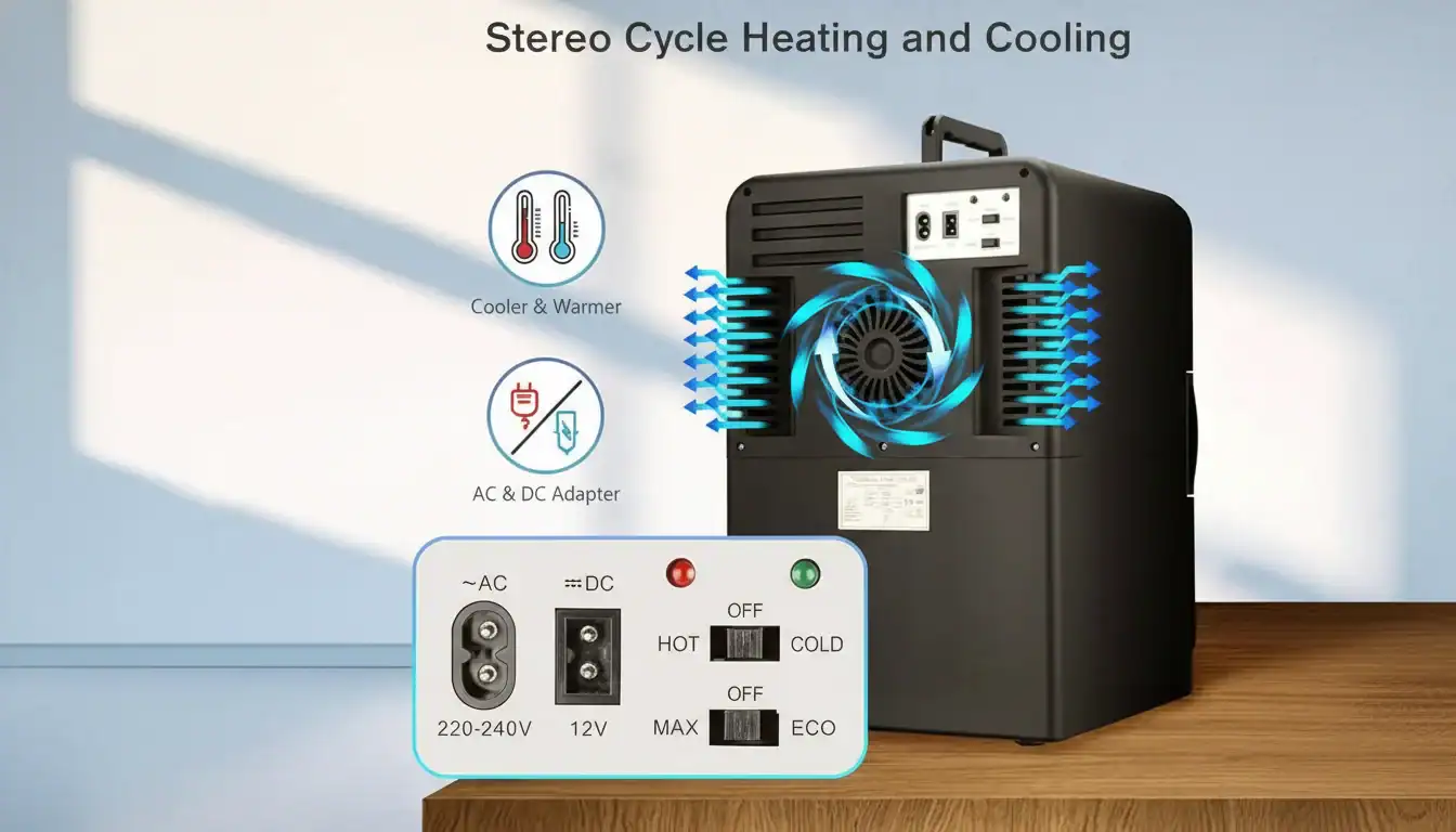 Stereo cycle heating and cooling unit with AC and DC adapters, cooler and warmer settings, shown on a wooden table.