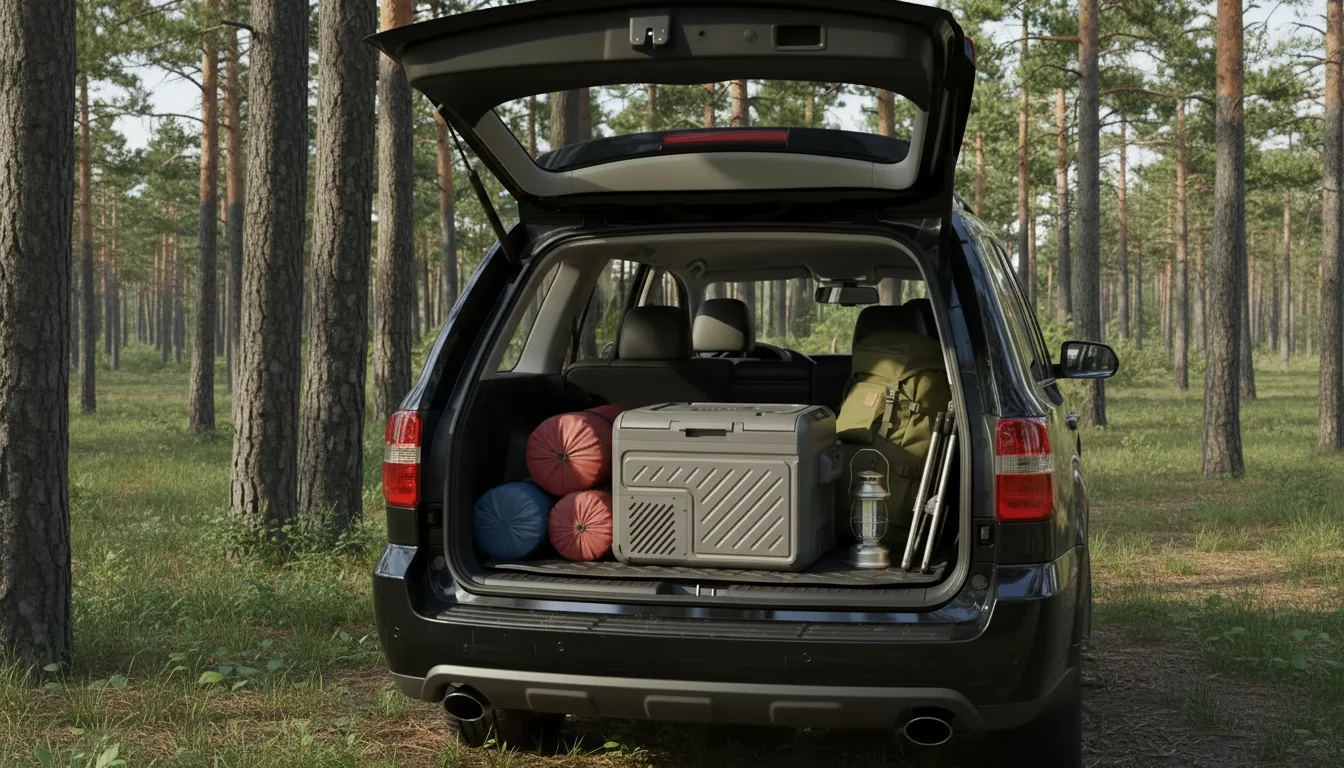 SUV with back hatch open, loaded with camping gear including sleeping bags, a cooler, and a lantern, parked in a forest.