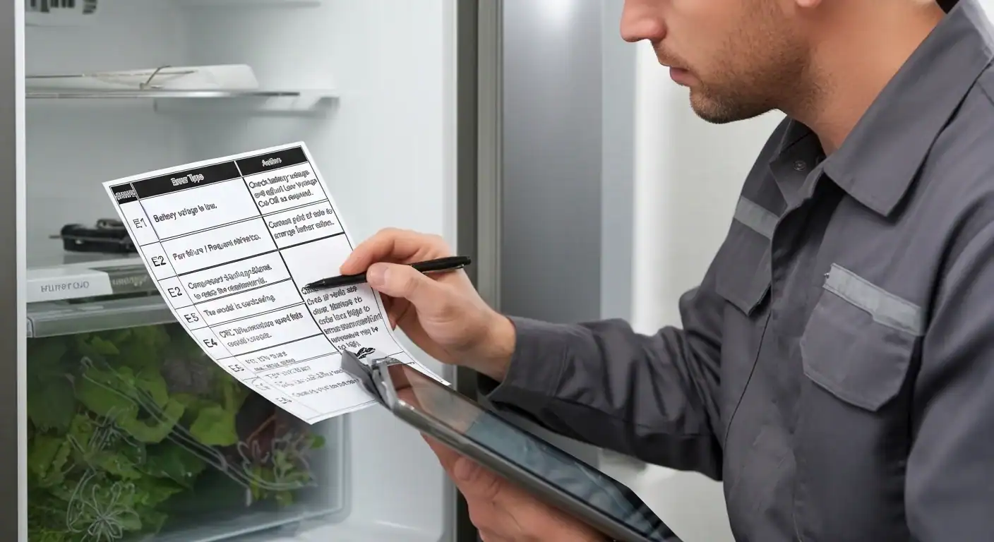 Technician in gray uniform reading a checklist while inspecting the contents of an open refrigerator.