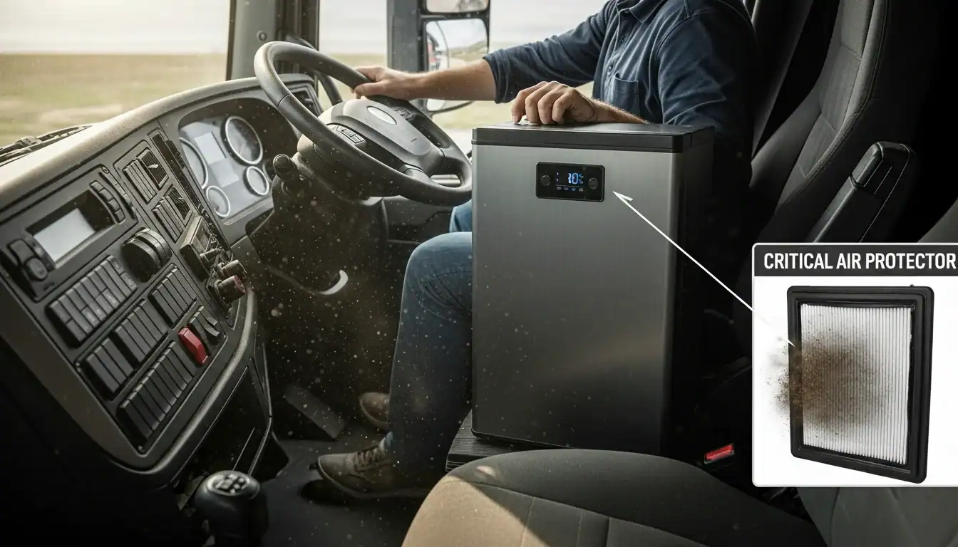 Truck driver in cabin with air filtration system and critical air protector filter detail, enhancing air quality.