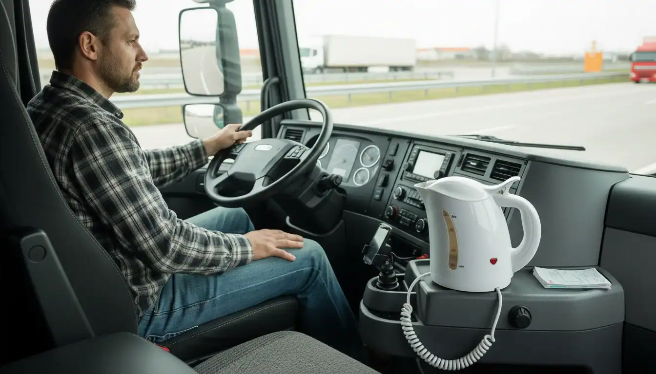 대시보드에 주전자를 든 자동차 운전자, 트럭 운전석에서 바라본 고속도로 풍경.
