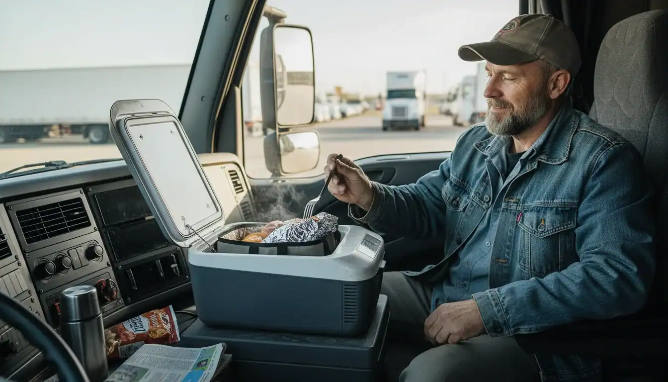 A truck driver prepares a meal in a heated container inside the cabin of a truck, parked at a rest area.
