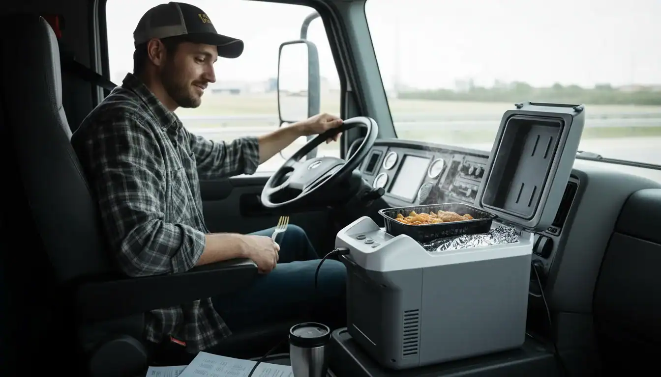 Truck driver cooking a meal in a portable oven inside the cab, holding a fork and wearing a cap and plaid shirt.