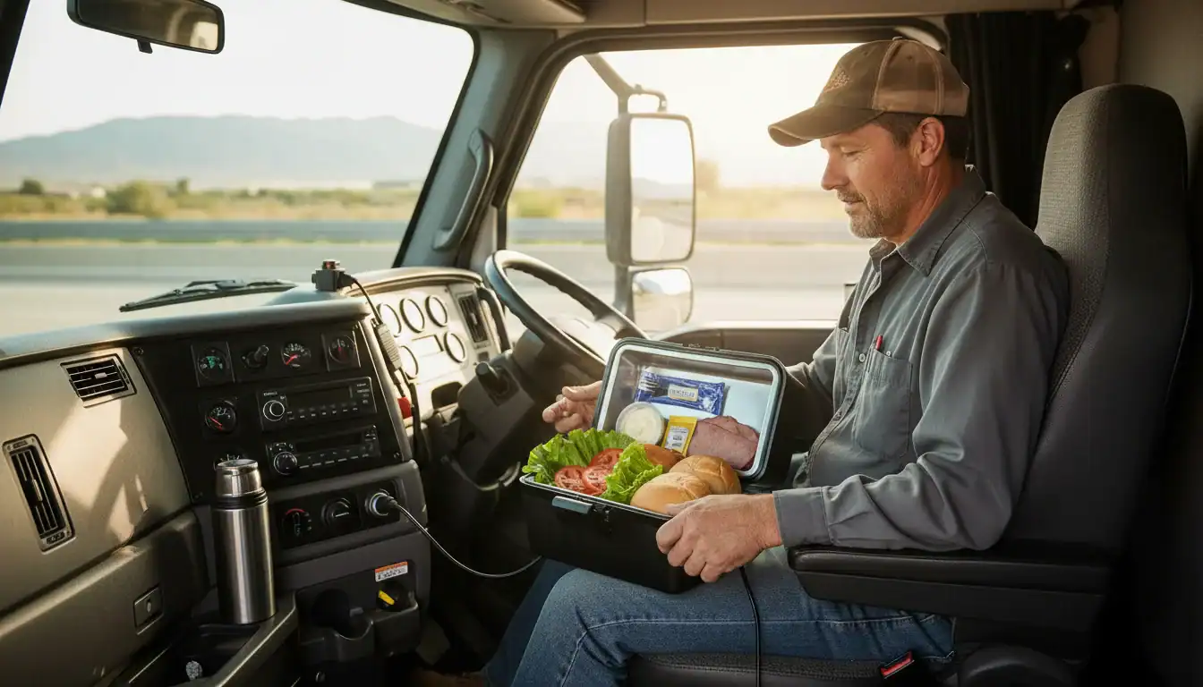 Truck driver sitting in cab holding a meal container with vegetables, ham, and cheese, while parked by a highway.