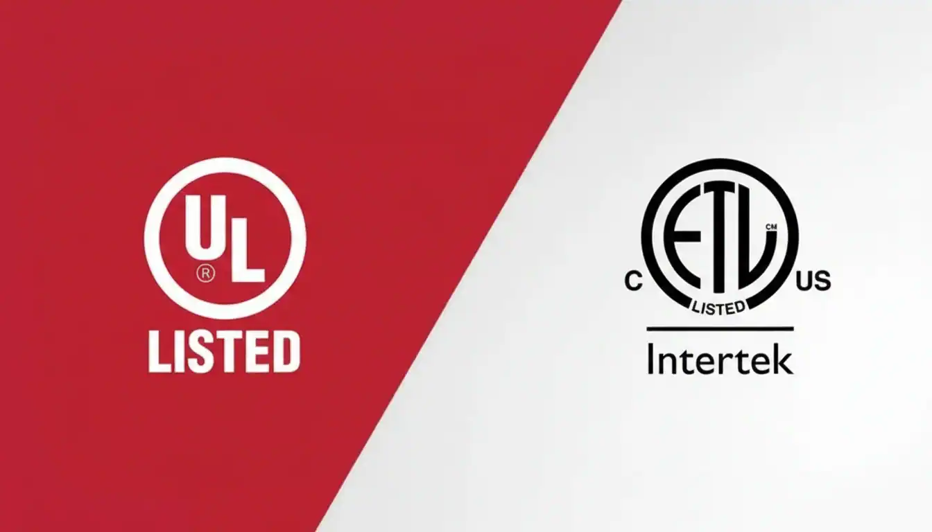 UL Listed and ETL Intertek certification logos on a red and white background, indicating safety and.