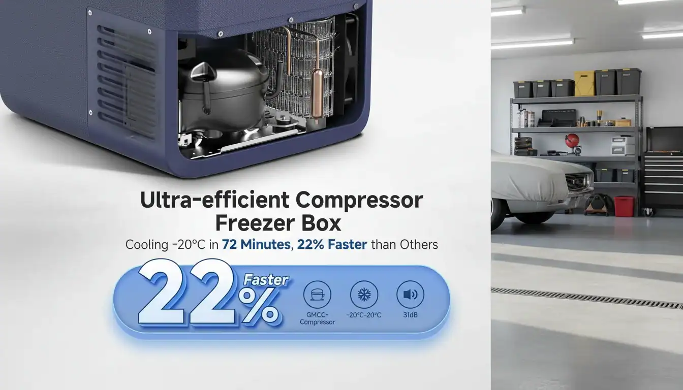 Efficient compressor freezer box for automotive or industrial use, with fast cooling and energy savi.