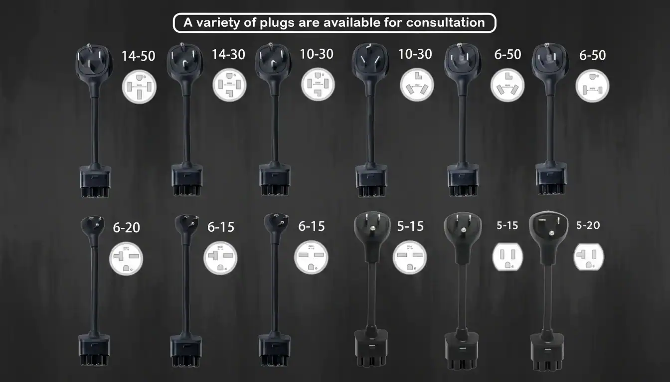 A selection of different electrical plugs including types 14-50, 14-30, 10-30, 6-50, 6-20, 6-15, 5-15, and 5-20 shown on a dark background.