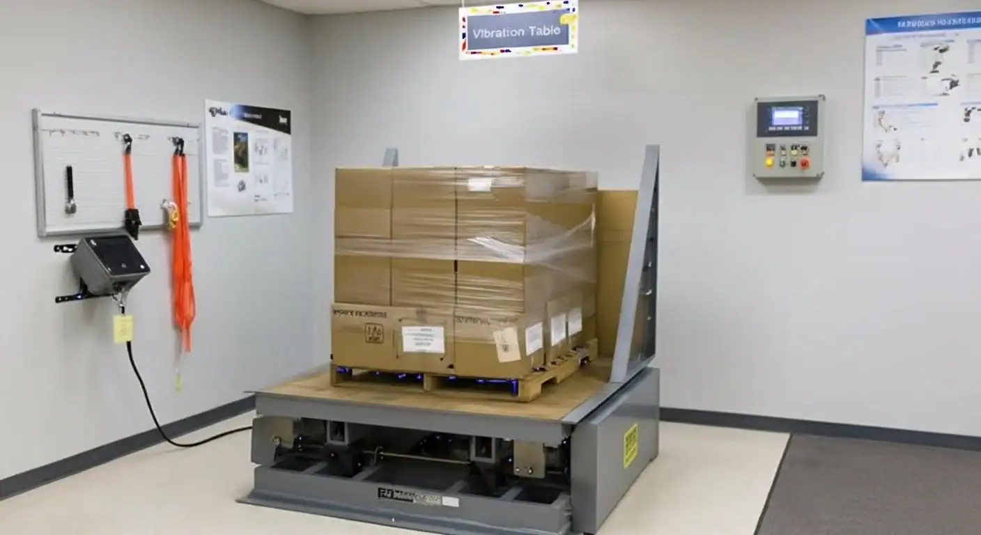Packaged boxes secured on a vibration testing table in a lab setting, surrounded by control equipment and informational posters.