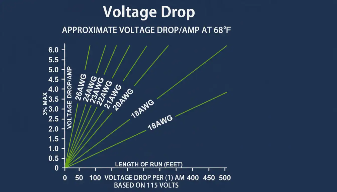 Graph showing voltage drop per amp at 68°F for various AWG wires over different lengths.