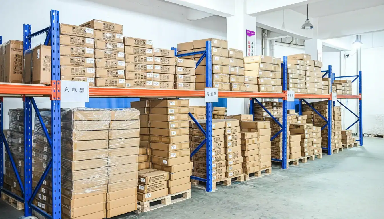 Car accessories storage shelves with organized boxes in warehouse.