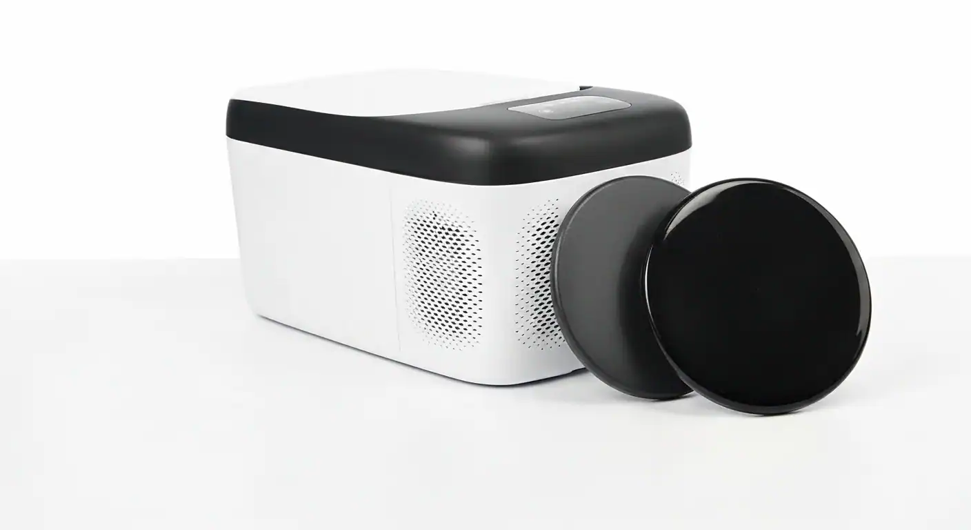 White car cooler with black accents and circular front on a flat surface.