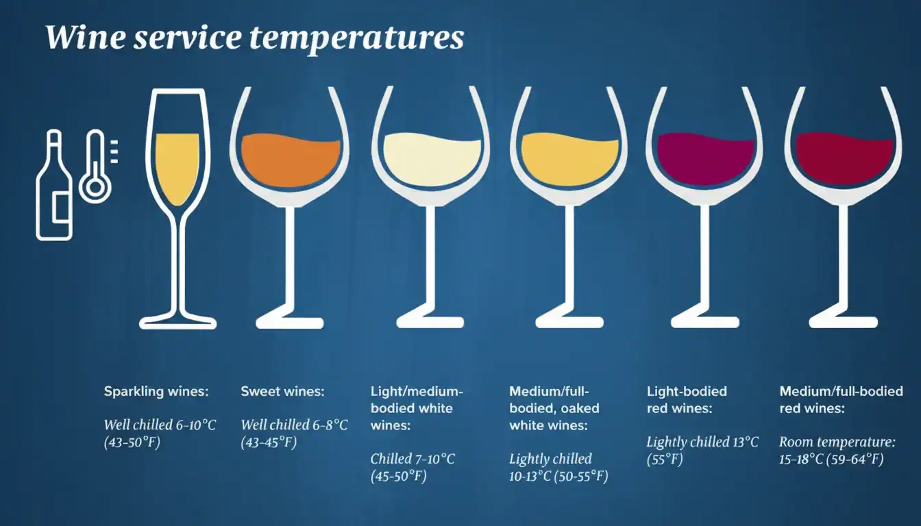 Diagrama que ilustra las temperaturas óptimas de servicio para distintos tipos de vino, incluidas las variedades espumoso, dulce, blanco y tinto.