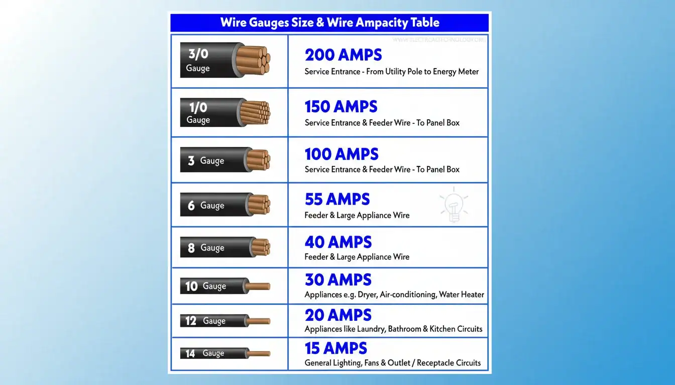 자동차 및 가정용 전기 배선을 위한 품질 전선 게이지 크기 및 암페어 차트입니다.