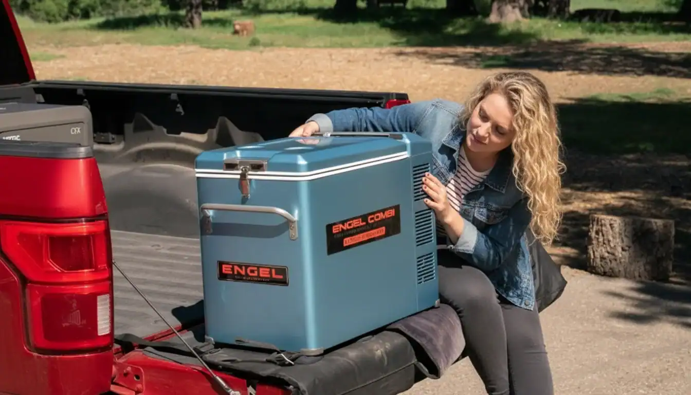 Woman inspecting blue Engel cooler on a truck tailgate in a park setting.