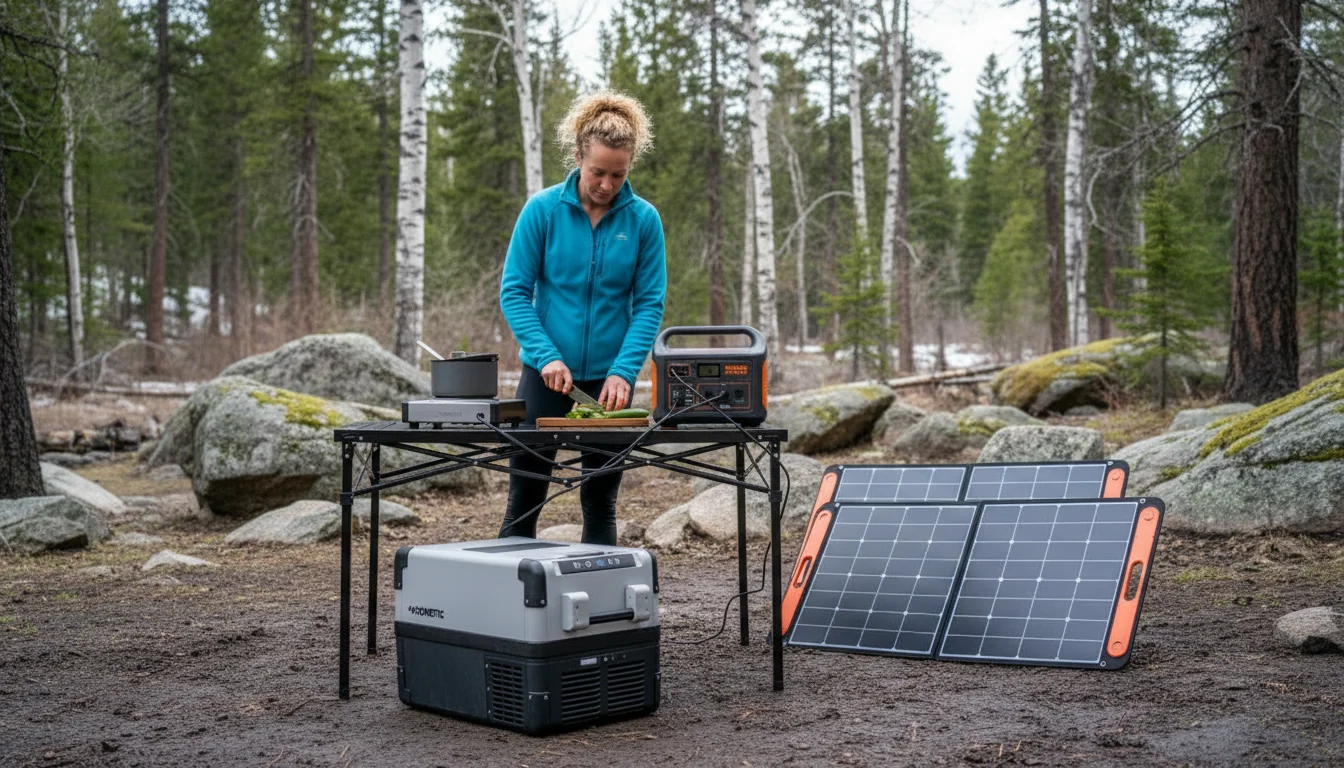 Woman in a blue jacket preparing food on a table with solar panels and a portable power station outdoors in a forest.