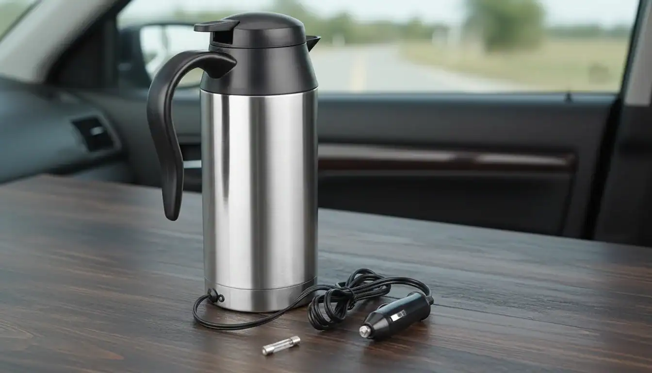 Stainless steel thermos with car charger for travel and on-the-go use.