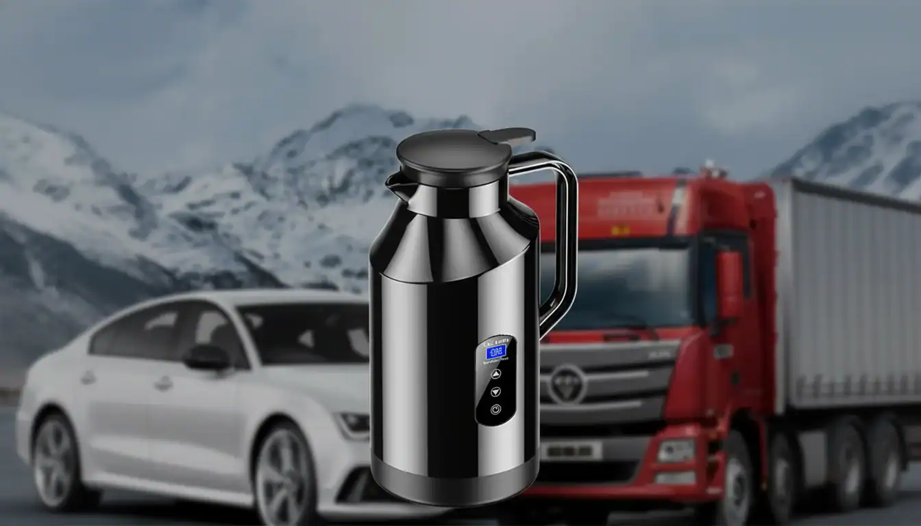 Portable electric kettle for cars, ideal for travel and road trips.