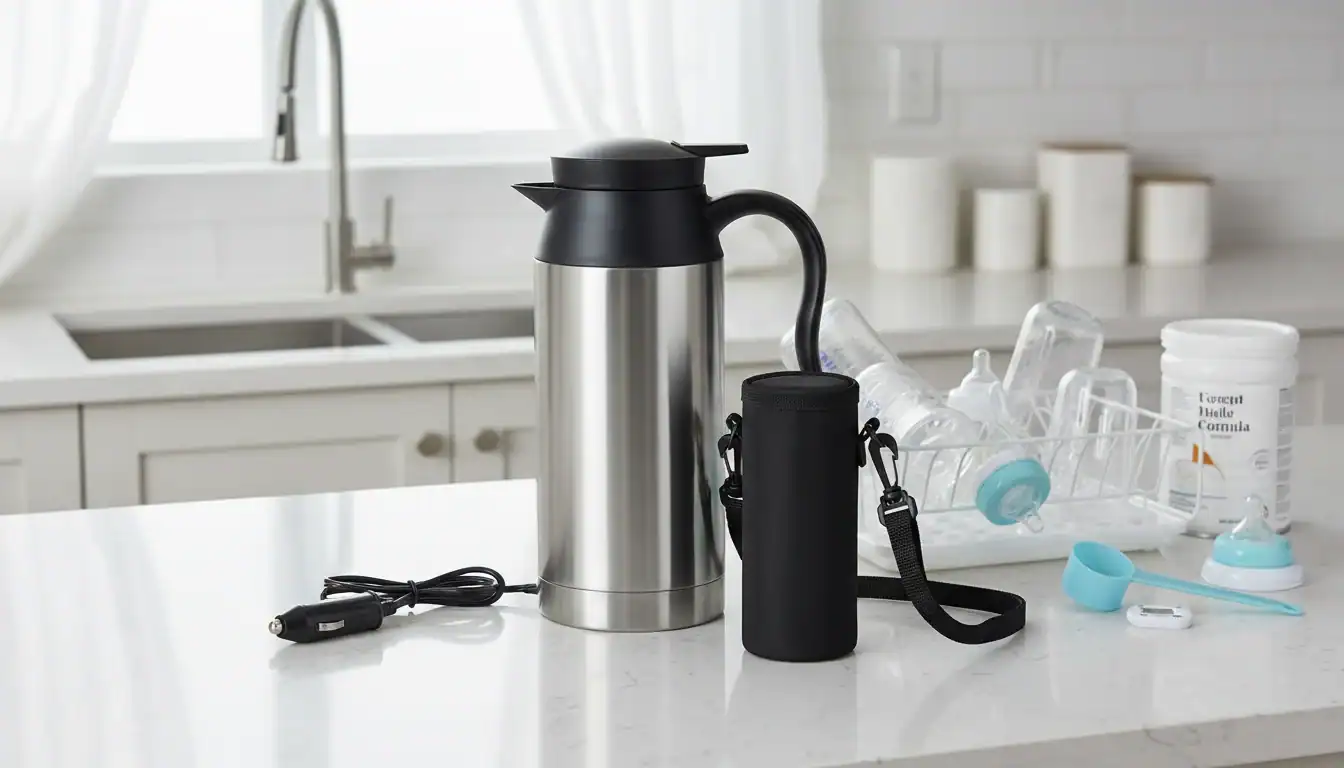 Compact stainless steel car coffee maker with power cord and accessories.