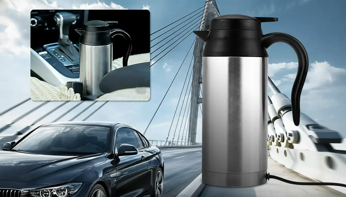 Portable electric kettle with stainless steel body and ergonomic handle, placed in a car cup holder for on-the-go use.