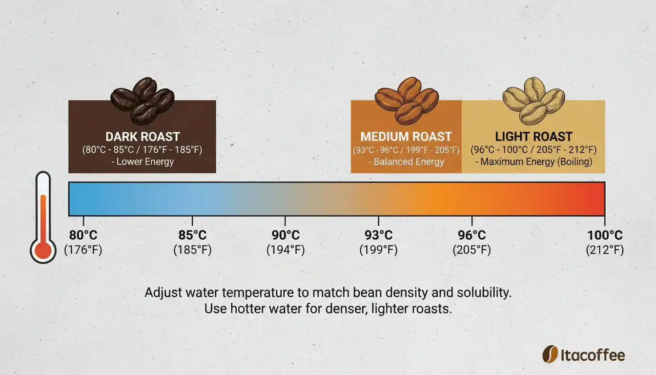 コーヒーの焙煎タイプ(温度目盛付き)、深煎り、中煎り、浅煎りの温度帯、エネルギーレベル