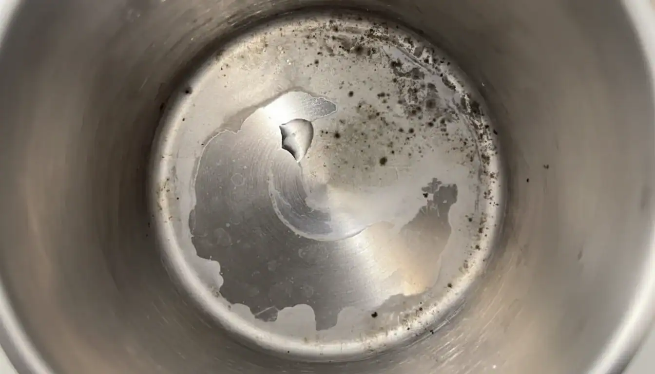 A close-up look at the interior of a 316 stainless steel pot showing signs of dirt and residue buildup.