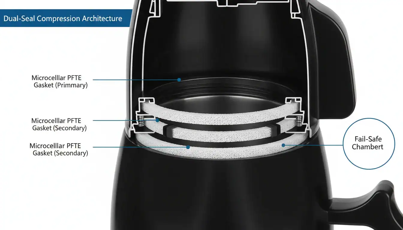 Close-up of dual-seal compression architecture featuring microcellular PTFE gaskets and fail-safe chamber for enhanced performance.