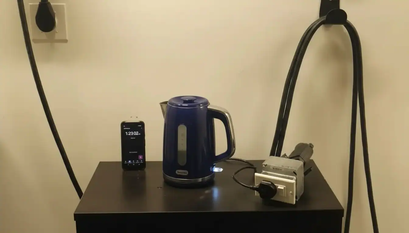 Electric kettle placed on a table with a smartphone showing a timer and an electrical plug setup for testing purposes.