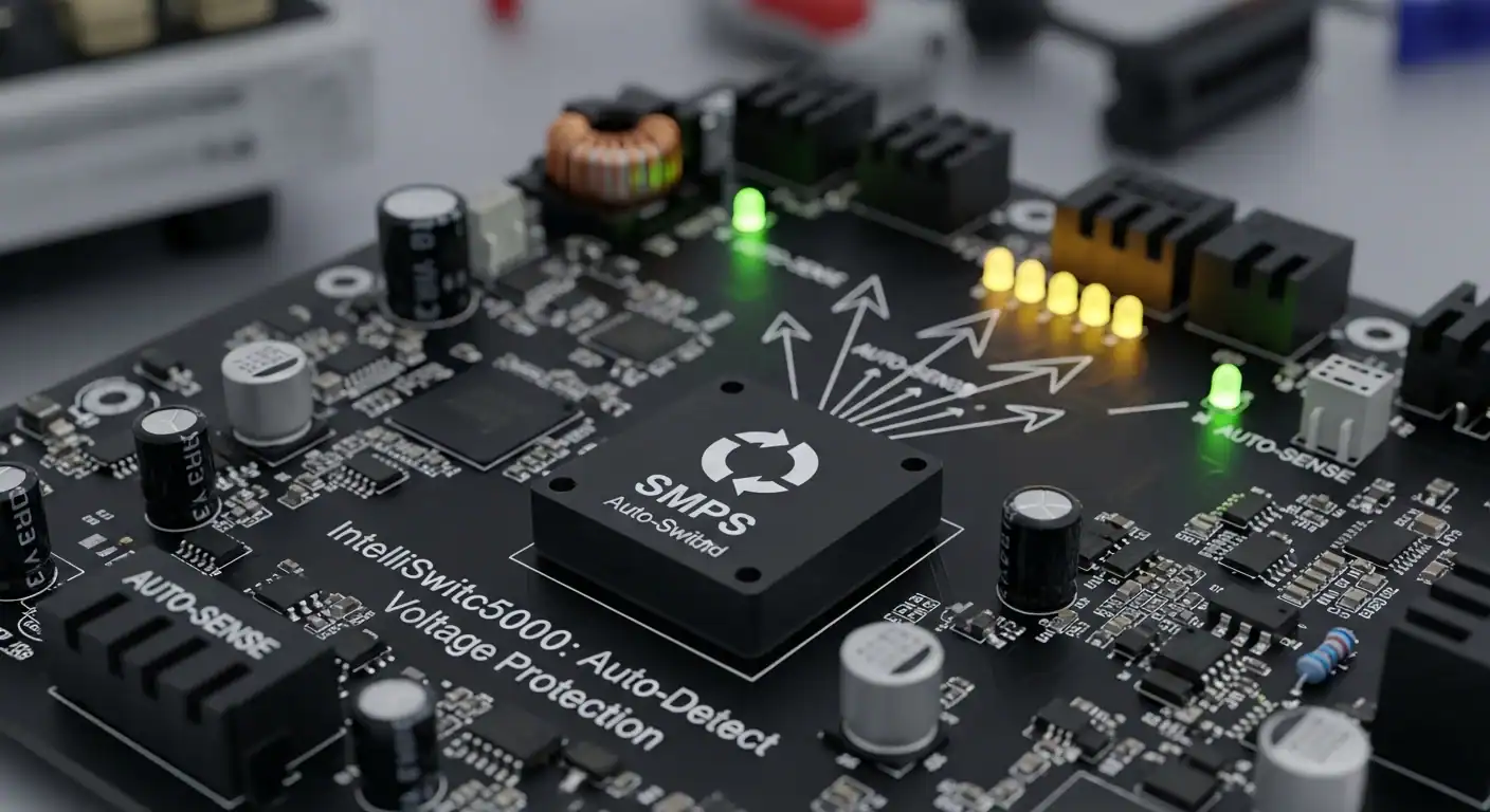 Close-up of a black electronic circuit board with SMPS and Auto-Sense voltage protection components. Lights and capacitors are visible.