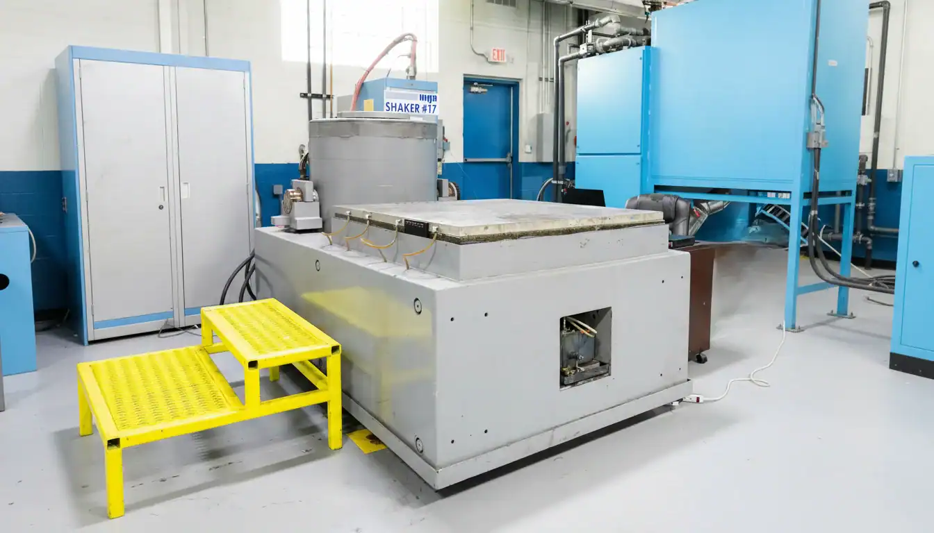 Large industrial shaker machine with yellow steps and blue cabinetry in a laboratory setting