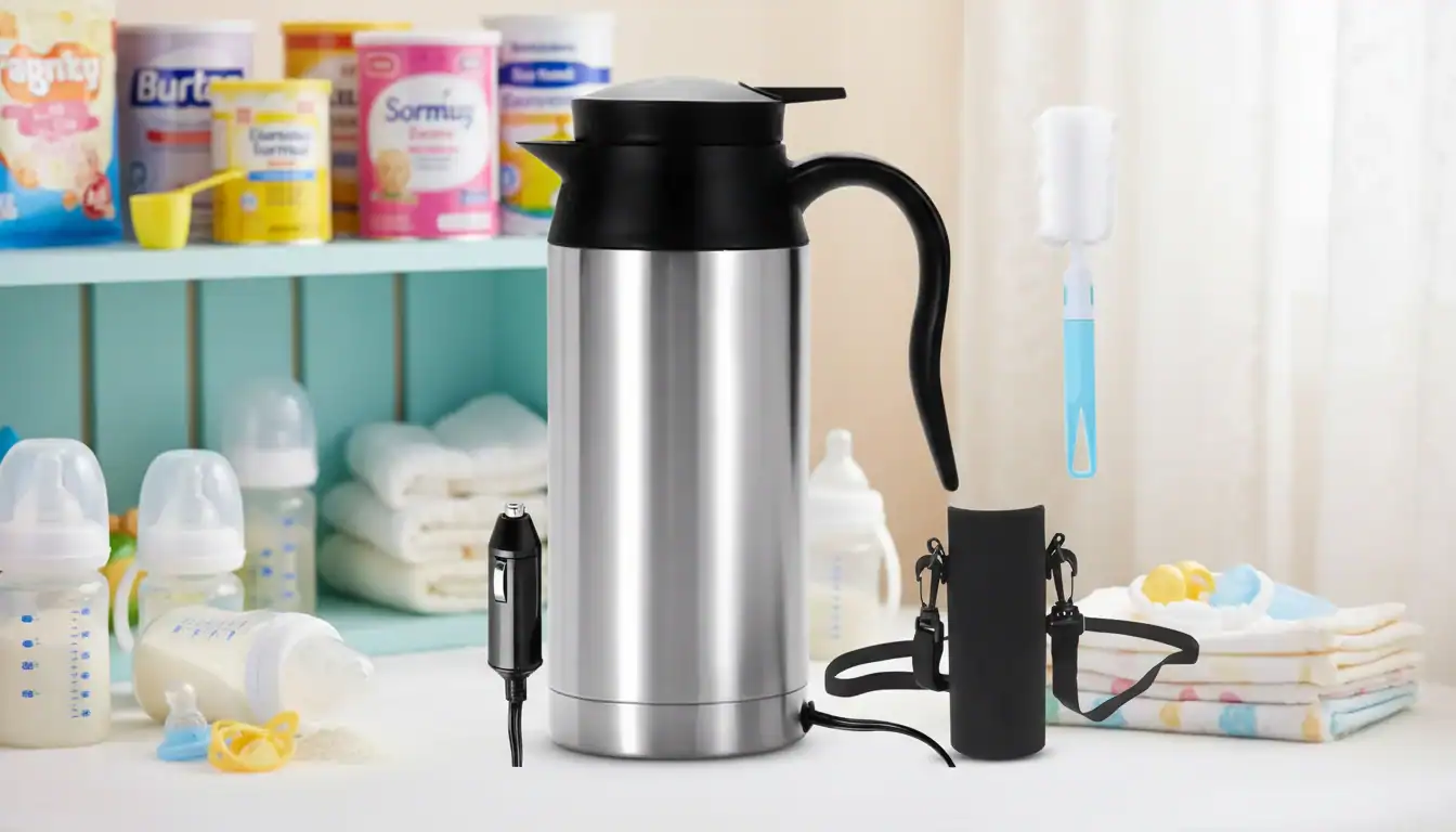 Car coffee maker with stainless steel body and electric plug for on-the-go brewing.