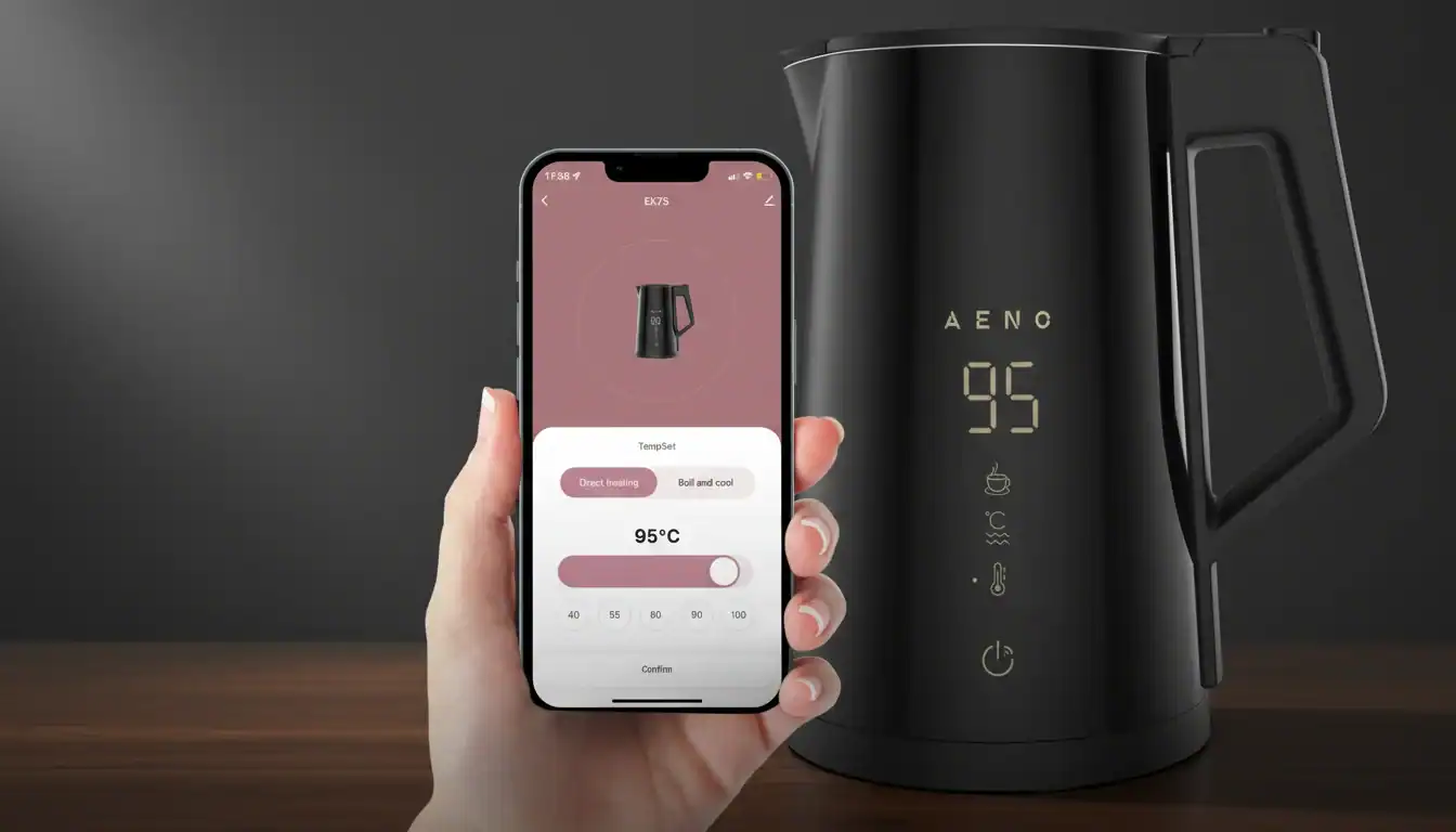 온도 설정을 보여주는 앱 인터페이스를 통해 95°C의 스마트 전기 주전자를 제어하는 스마트폰을 들고 있는 손.