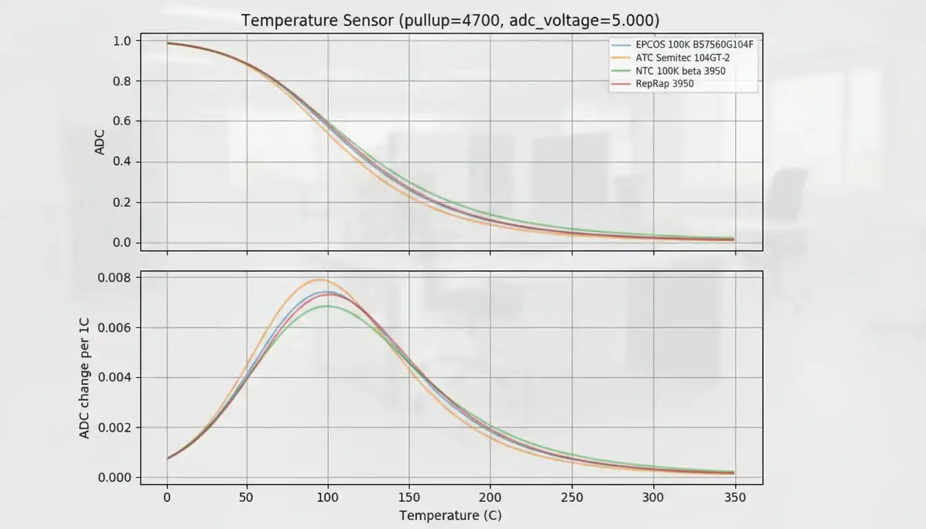 Graph comparing the ADC values for different temperature sensors at 5V and 4700 ohms pull-up, including EPCOS, ATC, NTC, and RepRap sensors.