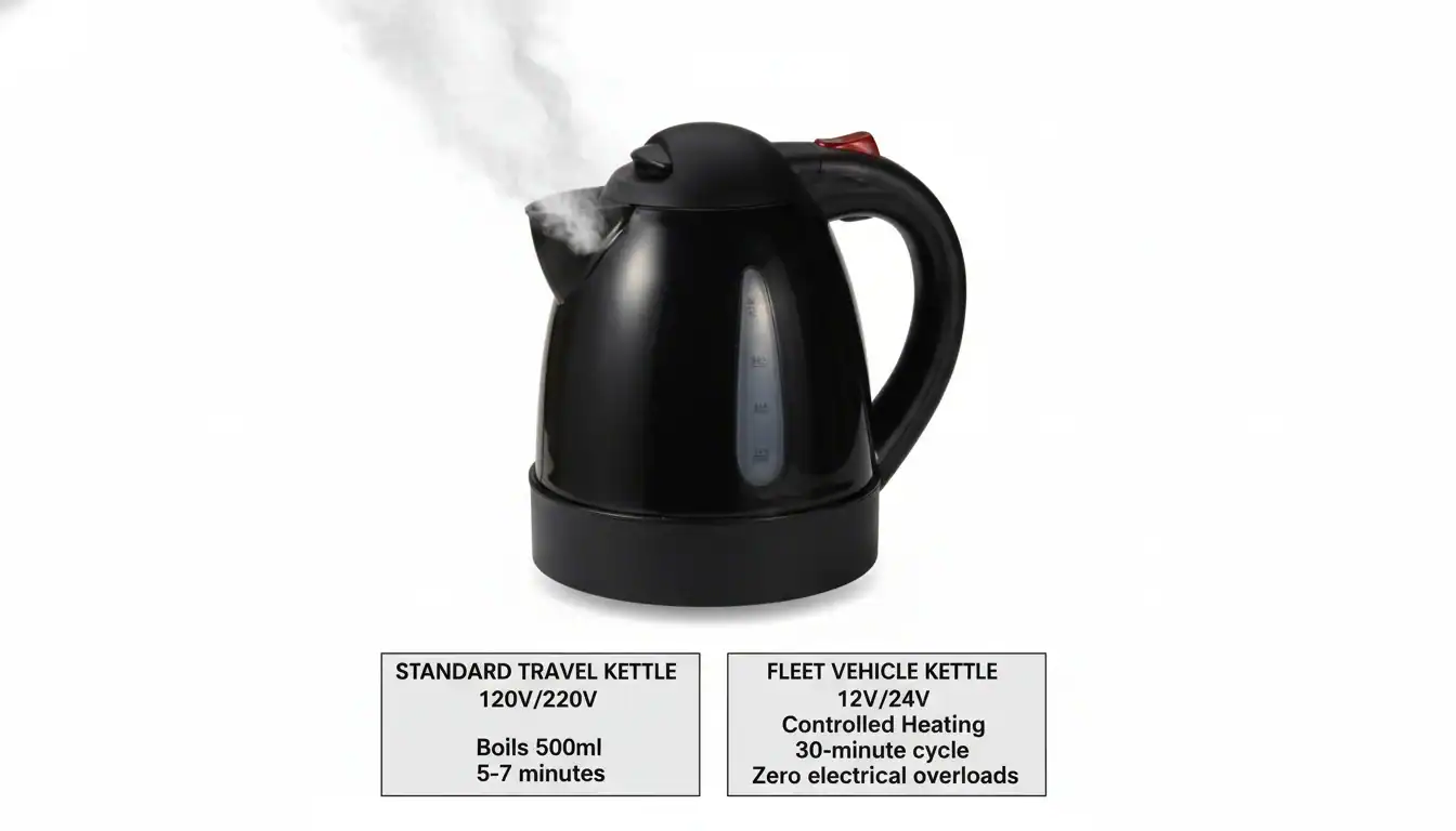 Black electric kettle steaming with labeled specifications for standard travel and fleet vehicle use, highlighting 120V/220V and 12V/24V options