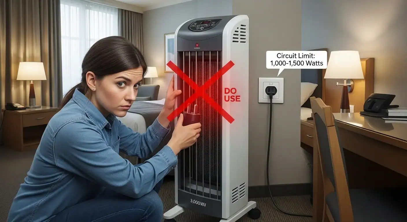 Femme dans une chambre d'hôtel évitant de brancher un appareil de chauffage dépassant la limite de puissance du circuit, avec un avertissement clair sur l'appareil.