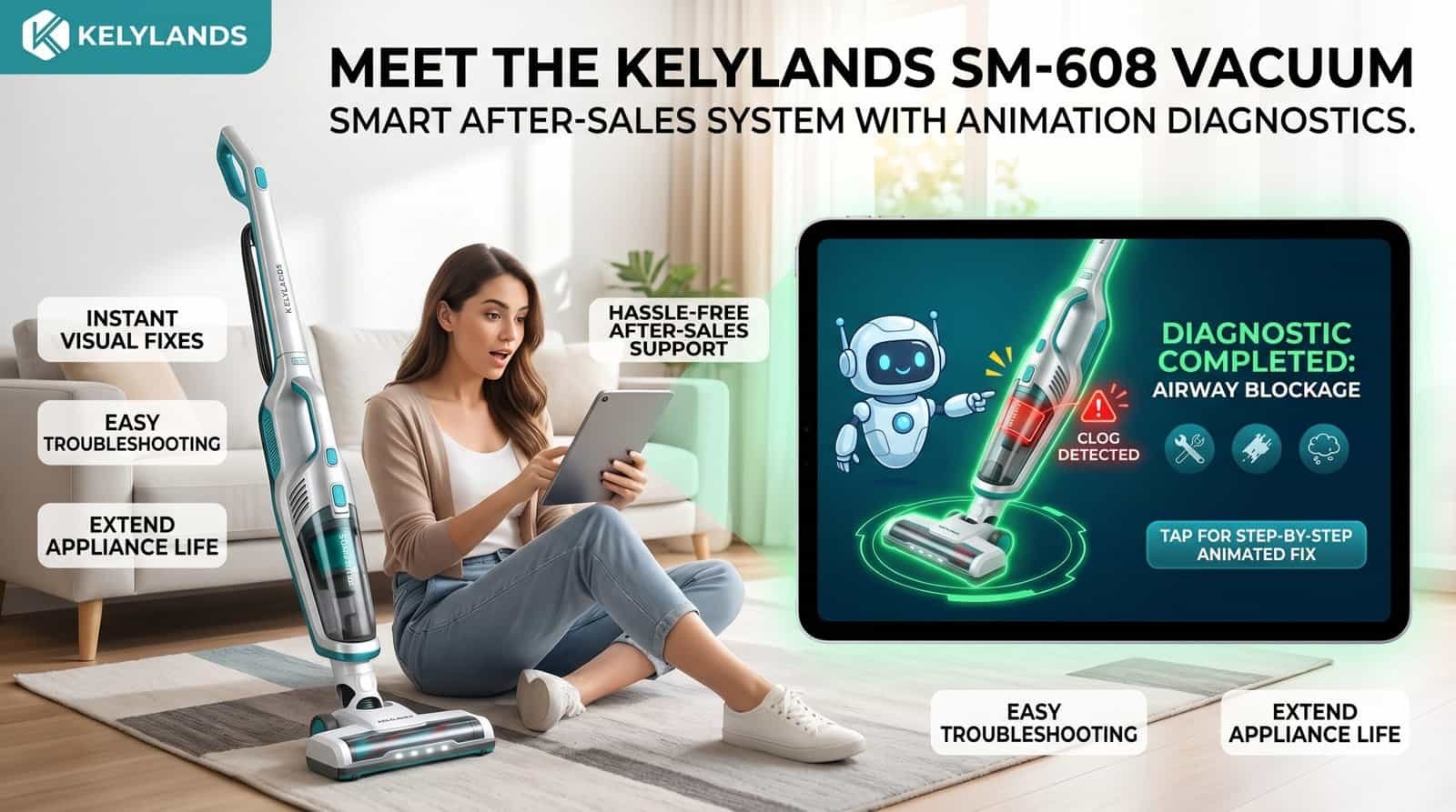 Home vacuum cleaner with smart diagnostics and animation support.