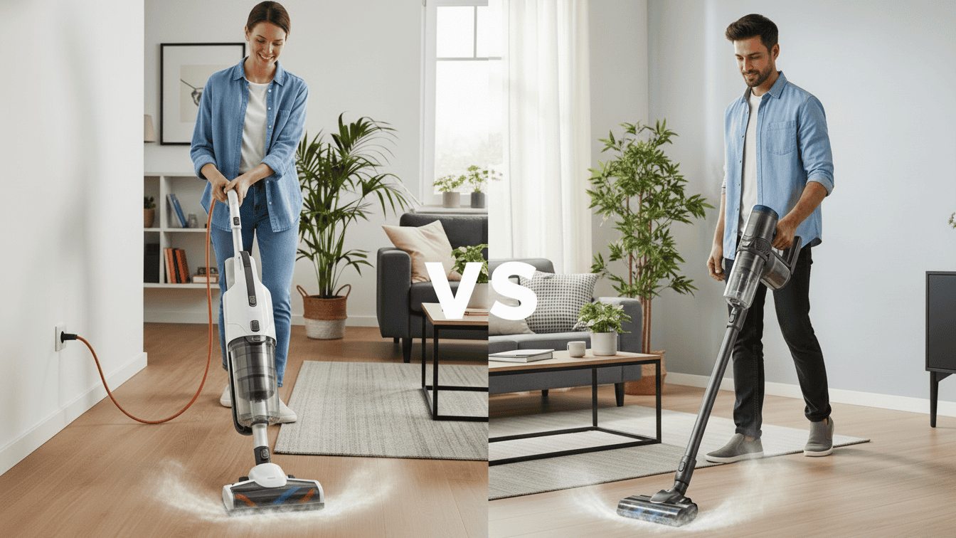 Woman and man vacuuming carpets with different vacuum cleaners in modern living room.