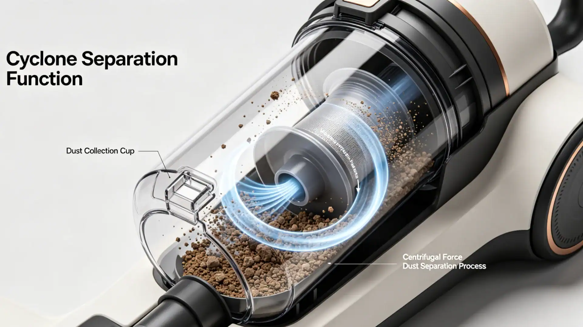 Modern vacuum cleaner with cyclone separation technology for efficient dust removal.