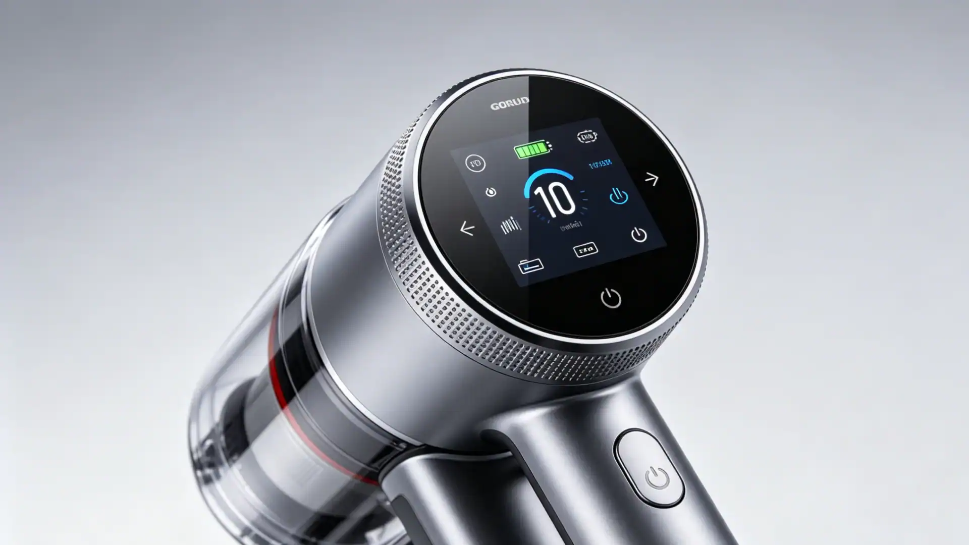 Modern car vacuum cleaner with digital display and ergonomic design.