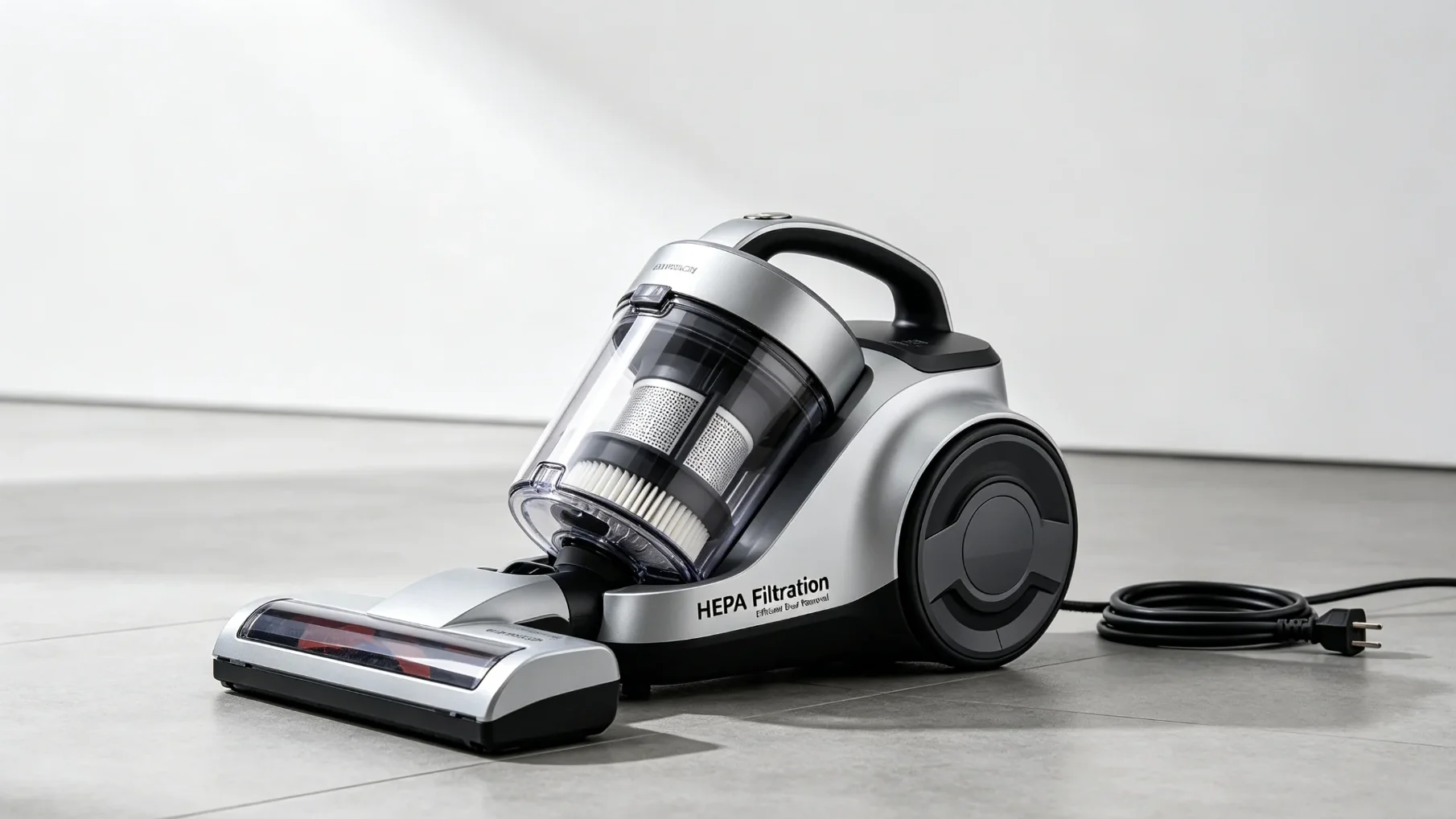 Silver compact vacuum cleaner with HEPA filtration, sleek design, featuring a transparent dust compartment and cord neatly arranged on tiled flooring.