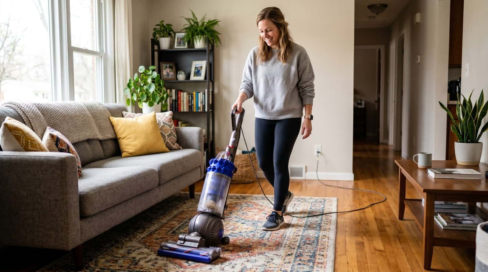 Woman vacuuming living room using KelyLands car accessory for efficient cleaning.