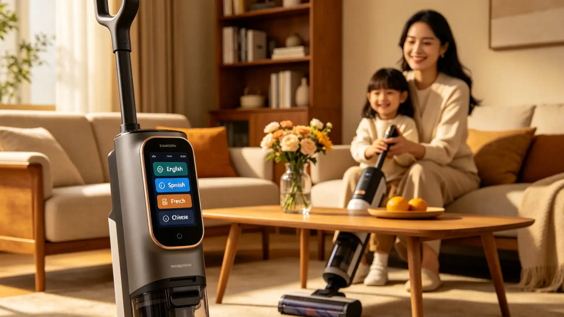 Modern smart vacuum cleaner with language options displayed on touchscreen in a cozy living room; a mother and child interact with another vacuum.