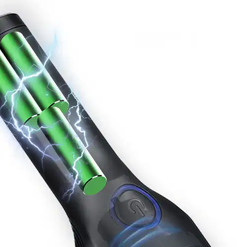 Cordless vacuum cleaner battery compartment showing green batteries and a visualized power flow to signify energy output.