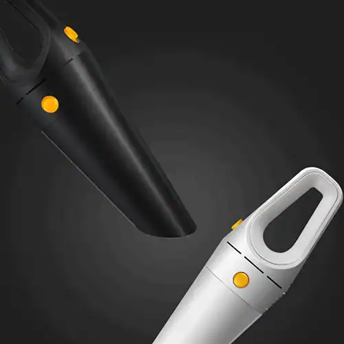 Black and white handheld vacuum cleaners with sleek designs and orange buttons, displayed on a dark background.