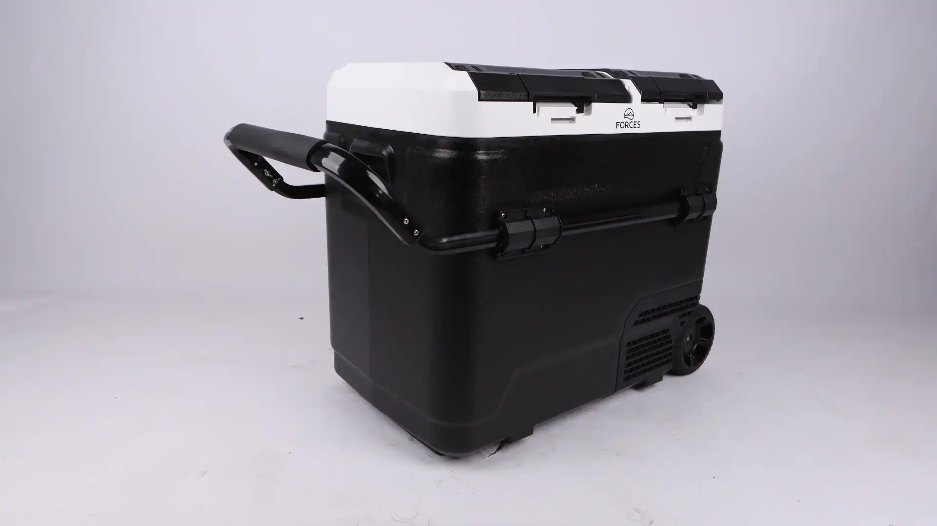 Portable car cooler in black and white with wheels and a retractable handle, designed for outdoor and automotive use.