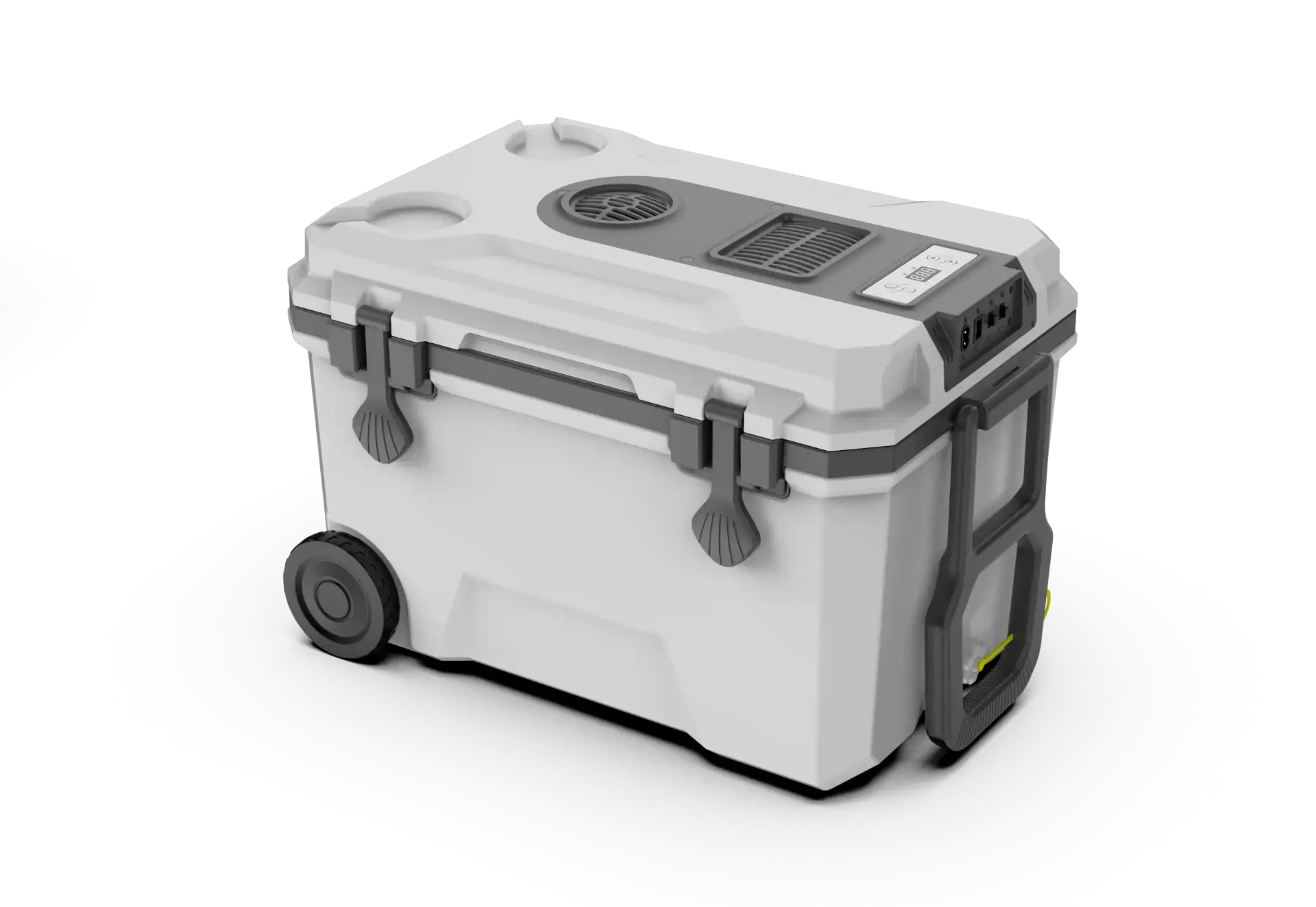 Portable car cooler and mini fridge with a durable design, wheels for mobility, and secure latches, ideal for outdoor use.