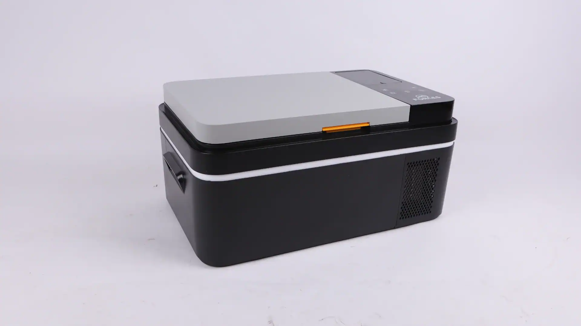 Compact black and grey portable car fridge with a modern design, ventilation panel, and ergonomic handles, set against a white backdrop.