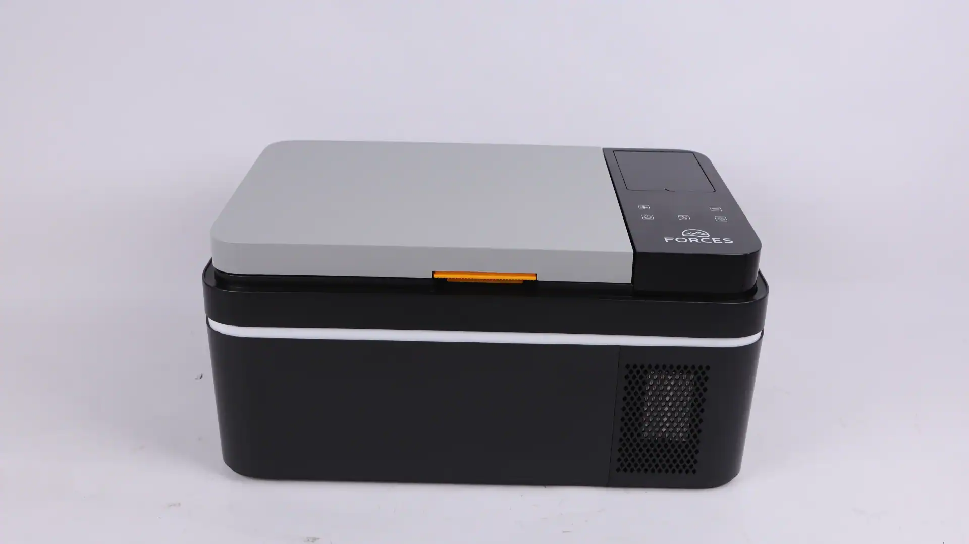 Portable car fridge and cooler in a compact black and gray design with digital interface, ideal for travel or car usage.